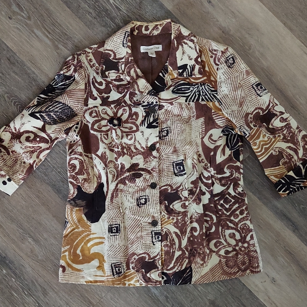 Coldwater Creek Brown and Cream Jacket with Abstract Print - Size 6